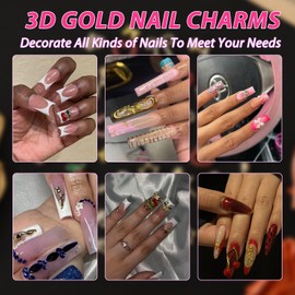 ALGLEA 80pcs Gold Nail Charms Set with Rose, Cherry, Bow, Hearts, Star, Flowers, Skull and Crown - Y2K 3D Gold Charms for Nail Decorations