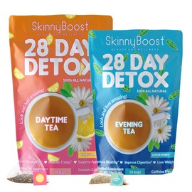 Skinny Boost Detox Tea Kit- 2 PACK –1 Daytime (28 Bags) + 1 Evening -(14 Bags) – Herbal Detox for Weight, Metabolism, Energy, Bloating & Colon Cleanse – Green Tea, Vegan, Keto, Non-GMO, Sugar-Free