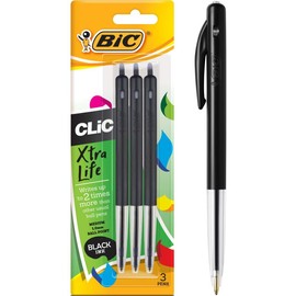 BIC Clic Retractable Ball Pens with Pocket Clip Medium Point (1.0 mm) - Black, 3 Count (Pack of 1), 922633