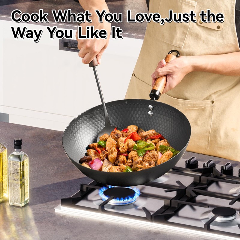 WANGYUANJI 12.6" Iron Wok with Lid, Flat Bottom Nonstick Wok