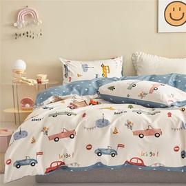 Freyamy Toddler Bedding Set 135 x 200 cm, Cartoon Children's Bed Linen for Girls Boys, Cars Reversible Motif, Zip Secure, Baby Duvet Cover 135 x 200 cm with Pillowcase 80 x 80 cm - Cars