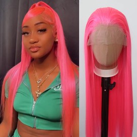 Towarm Pink Wig Long Straight Hot Pink Synthetic Lace Front Wigs Pre Plucked Natural Hairline with Baby Hair for Black Women Pastel Pink Heat Resistant Fiber Hair Cosplay Daily Wear Wig (Hot Pink)