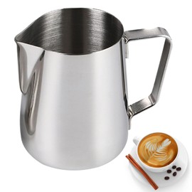 Liroyal Milk Pitcher 350ml Milk Jug Stainless Steel Latte Art with Internal Scale Line Easy Grip Easy Pour Coffee Card Vicino Coffee House