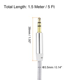 sourcing map 2 Pack Aux Cable 3.5mm Male to Male Nylon Braided Cord 5Ft 3 Pole Stereo Sound Auxiliary Cable Silver for Earphones, Smart Phones, Home/Car Stereos, Speakers, Computers