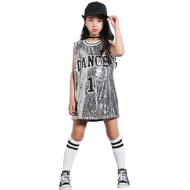 LOLANTA Girls Hip Hop Dance Clothes Kids Jersey Sequin Costume,Grey,10-12