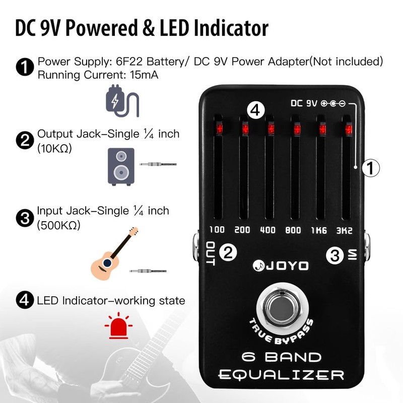 JOYO 6-Band EQ Pedal Electric Guitar Equalizer (100Hz 200Hz 400Hz