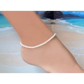 Shells by Patty White Seed Pearl & Italian .925 Sterling Silver Ankle Bracelet 10 to 12 inches