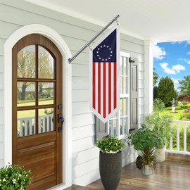 QSUM American Mounted Flag, Double-Sided USA Flag with Flagpole Kit & Bracket, Patriotic Outdoor Wall Flag for Porch, Storefront, Veteran or Memorial Day Decor (Red-W, 27")