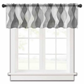 Funnywall88 Grey White Waves Sheer Curtain Valances for Kitchen Windows, Retro Abstract Gradient Art Chiffon Window Treatments Rod Pocket Short Topper Valance for Living Room Bathroom 54x18 Inch