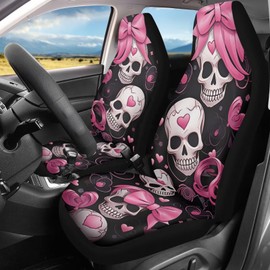 Rucaresri Funny Pink Skull Pattern Auto Seat Covers Front Seats 2 Piece Soft Stretchy Fabric Seat Bench Covers Universal Car Interior Protection Set