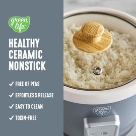 GreenLife Rice Cooker with Removable PFAS-Free Nonstick Pot, 3-Cups Uncooked/6-Cups Cooked, One-Switch Design, Auto Keep Warm Function, Soup, Grains, Oatmeal, Wood Handle, Gray