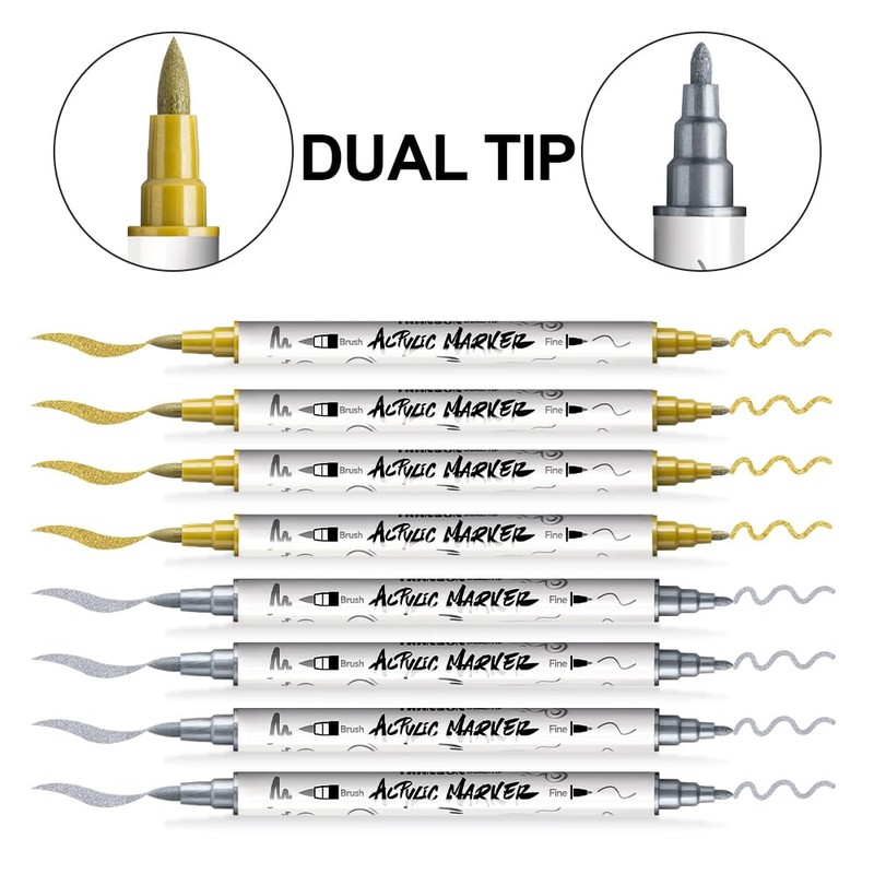 TRANSON 4 Gold and 4 Silver Paint Markers Brush and