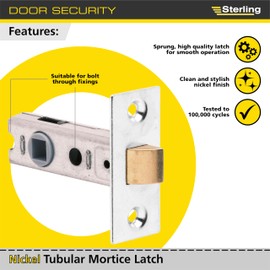 Sterling TML125 NP 2 1/2" Tubular Mortice Latch, Nickel, 4 Pack, for pairing with sprung door handles, suitable for wooden doors, 57mm or 45 mm; 21 mm; 75 mm (3") or 63 mm (2.5")