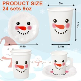 JarThenaAMCS 24 Winter Snowman Disposable Cup Saucers Set 9oz Snowman Paper Cups with Handle 5.5in Cute Saucer Plates For Xmas Christmas Party Tableware Supplies, Serves 24