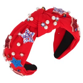 CIEHER 4 th of July Headband for Women Girls Knotted Headbands Red White and Blue Rhinestones Patriotic Hairband Independence Day Hair Accessories