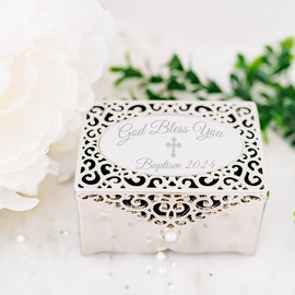 Cherished Moments Jewelry Keepsake Box with Filigree Design and Engraved Cross for Baptism Gift for Girls, Silver Toned
