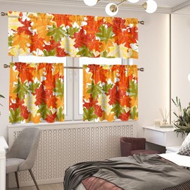 Suhoaziia Fall Maple Kitchen Curtains Tiers and Valances Set, Thanksgiving Rod Pocket Valance Short Window Treatment Decor Curtains, 3 Pieces Set