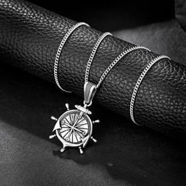 murtoo Compass Necklace for Men and Women, Antique Silver Vintage Stainless Steel Chains Necklace with Compass Pendant Unique Gifts for Men (anchor, 18+2 inch)