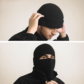 One piece hat winter men's balaclava knitted wool hat windproof cold-proof headgear mask warm cold hat - Color: Gray one piece
