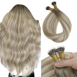 Sunny Hair Nano Extensions Human Hair Blonde Nano Hair Extensions Cool Ash Grey Ombre Platinum Blonde Nano Ring Hair Extensions Blonde Nano Tip Human Hair Extensions Keep Texture 50G 14Inch