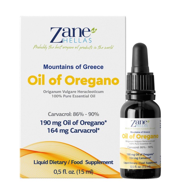 Zane Hellas 190 mg Oregano Oil-164 mg Carvacrol per Serving-4 Drops Daily. 100% Greek Undiluted Oil of Oregano. 86%-90% Min Carvacrol. Probably The Best Oregano Oil in The World. 0.5 fl. oz.- 15ml.