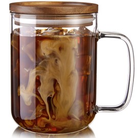 DRASTAR Glass Coffee Mugs, 20 oz Large Iced Coffee Cups, Flat Bottomed Cups with Acacia Wood Lid, Glass Tea Cup with Handle, Clear Tea Cup Set of 1