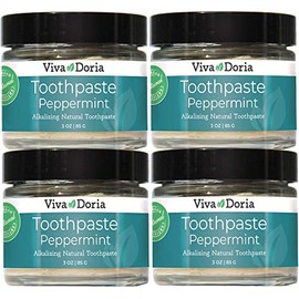 Pack of 4 Viva Doria Fluoride Free Natural Toothpaste - Peppermint (3 oz Glass jar) Refreshes Mouth, Freshens Breath, Keeps Teeth and Gum Healthy