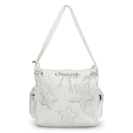 FuninCrea Shoulder Bags Women, Pentagram Decorated Large Tote Bag with 3 Zipper Pockets, Large Capacity Corduroy Bag with Zip and Drawstring for Shopping Commuting Traveling (White)