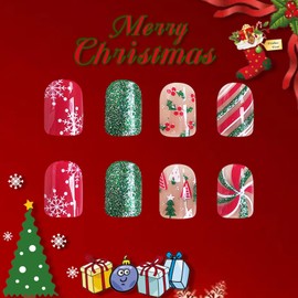 Christmas Press on Nails Short Square Fake Nails with Candy Designs Snowflake Glue on Nails Pink Green Artificial Nails Full Cover False Nails Xmas Stick on Nails for Women Girls 24 Pcs