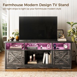 Casaottima TV Stand for 65 Inch TV, Farmhouse Entertainment Center with Power Outlet & LED Light and Storage Cabinets, Console Table and Media Furniture for Living Room Bedroom, Dark Oak