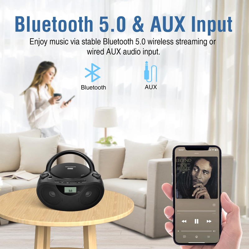 Nextron Portable CD Player Bluetooth Boombox with AM/FM Radio, USB,