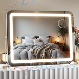 MINISO Vanity Mirror with Lights and Bluetooth Speaker, 18" x 14" LED Makeup Mirror, Light & Brightness Smart Sensor, 360°Rotation, Aluminum Alloy Metal White Frame, with 10X Magnifying Glass
