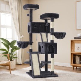 Allewie 65in Multi-Level Tall Cat Tree for Indoor Cats/Larger Tower with Wide Base/Cozy Plush Cat Perches/Cat Condo with Hammock/Sisal Scratching Posts/Dark Grey