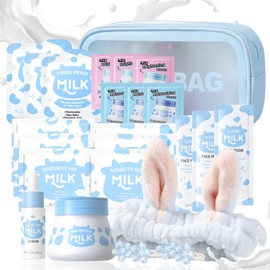 Milk Skin Care Set for Teenagers Girls with Cute Makeup Bag - Skin Care Sets & Kits,Pamper Sets for Girls Gifts,Travel Size,Cream, Face,Eye& Lip Mask, Serum, Hair Clips, Hair Bands (24PCS)