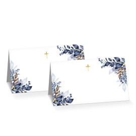 Gihyan Baptism Table Place Card, Gold Foil Cross Tent Style Cards Set, Floral Editable Name Cards for Table Seating, 25 Pcs Food Labels for First Holy Communion, Christening, Birthday (07)