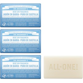 Dr. Bronner's Jabón de castilla orgánico en barra, fórmula concentrada, suavidad pura y cuidado para piel sensible, sin aceite esencial, aroma Sin Aroma (3 pack)