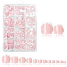 Fake Toe Nails Set, 120PCS Short Square False Toenails Kit, Glossy Full Cover Acrylic Press on Nails, White French Tip Pink Toe Nail for Women Girls Nail Art DIY Gift