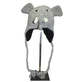 Sherpa Love Hand Knit Unisex Wool Animal Beanie Hat Cap Ear Flap Fleece Lined Nepal (Child, Elephant)
