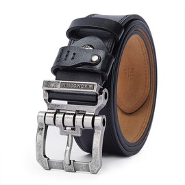 BISON DENIM Men's Belt Leather Dress Genuine Leather Classic Heavy Duty Buckle Belt Casual for Jeans, Silver buckle + black belt, 120 cm, Fit for waist 39 cm - 41 cm