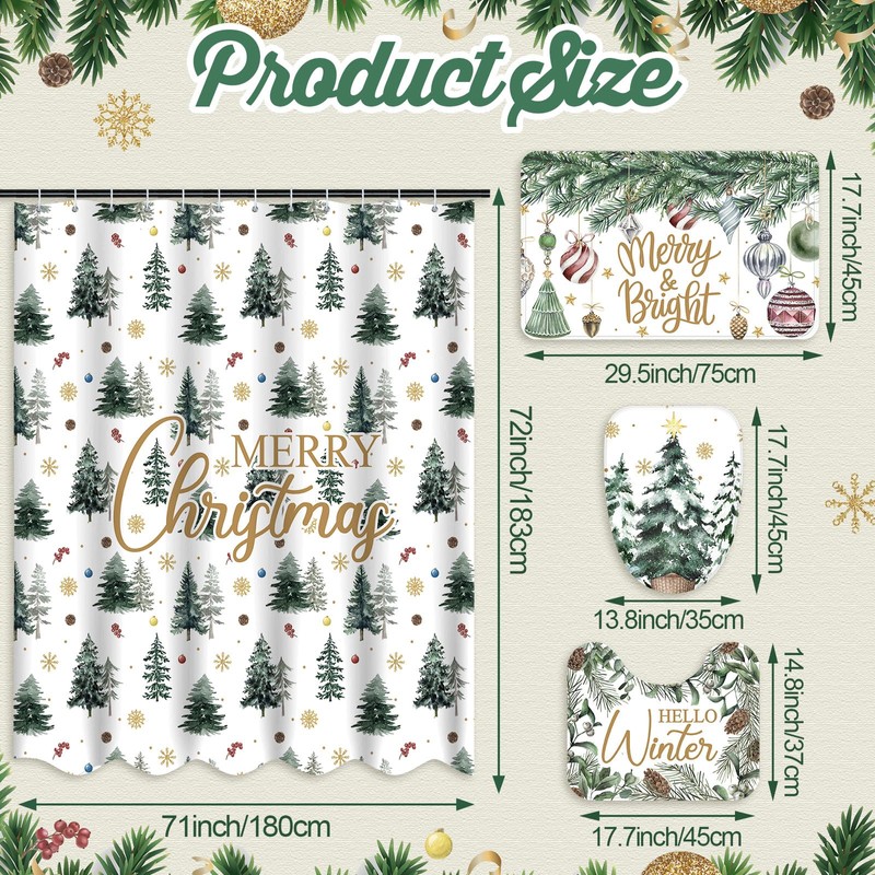 4 Pcs Christmas Shower Curtain Set Winter Xmas Tree Bathroom