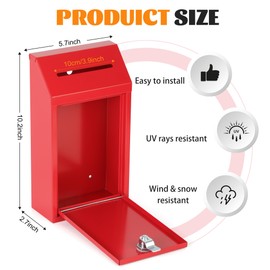 Metal Locking Mailbox Wall Mounted RustMail Case Lockable Mail Letterbox Suggestion Box for Home Office Outdoor Door, 10.24 x 5.71 x 2.75 Inch (Red)