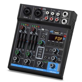 Portable Mini Mixer 4 Channel Audio DJ Console Sound Card, USB, 48V Phantom Power for PC Recording Webcast Party - Depusheng M4, Black