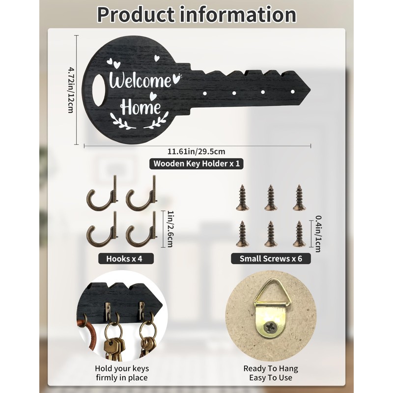 FujDun Wooden Key Holder Wall Mount with 4 Hooks, Black