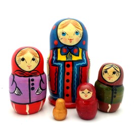 Traditional Russian Original Hand Carved Hand Painted Nesting 5 Piece Doll Set 4 inch Tall