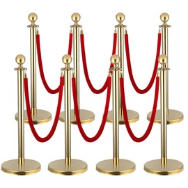 8 Pack Stanchion Post, 5 ft Red Velvet Rope Red Carpet Ropes and Poles, Stainless Steel Gold Stanchions for Grand Opening Casino Theme Party Decorations Crowd Control Barriers