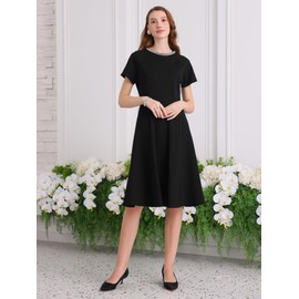Hobemty Women's A-Line Cocktail Dress Crew Neck Beaded Trim Short Sleeve Evening Party Dresses Small Black
