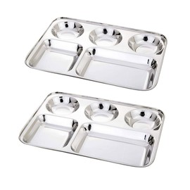 Stainless Steel Rectangle/Square 5 Section Compartment Lunch Plate Round and Square Tray Set of 2