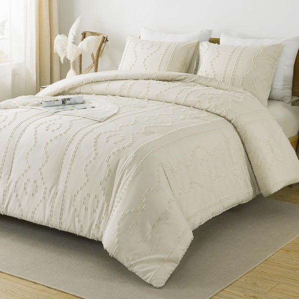 Andency Beige Tufted Comforter Set King(104x90Inch), 3 Pieces(1 Boho Comforter,