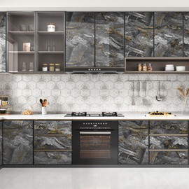 Skyblur Black/Gold Marble Contact Paper for Countertops Slate Gold Marble Wallpaper Peel and Stick Glossy Waterproof Marble Wall Paper for Cabinets Shelf Self Adhesive Renter Friendly 15.7"X78.8"