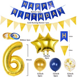 6th Birthday Decorations Boy Girl, Gold and Blue 6 Year Old Birthday Decorations with Happy Birthday Banner, Triangle Flags, 40In Number 6 Foil Birthday Balloons, Star Balloons and 18Pcs 12In Balloons